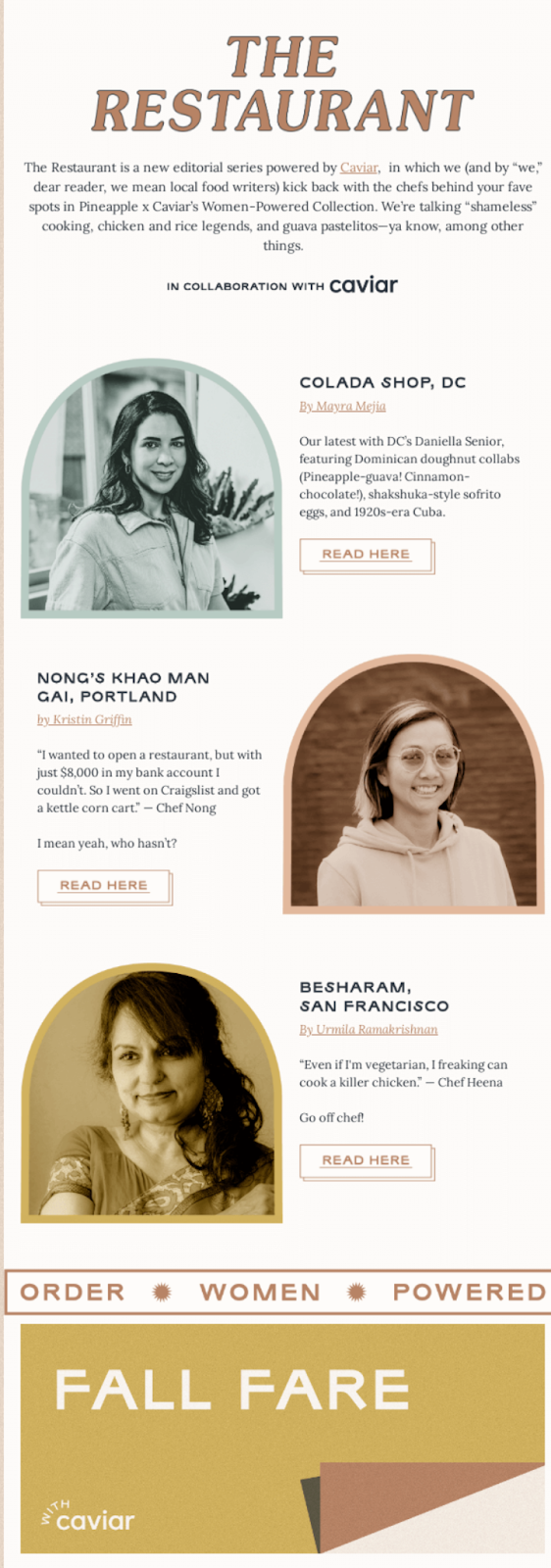 A newsletter promoting an editorial series titled "The Restaurant"